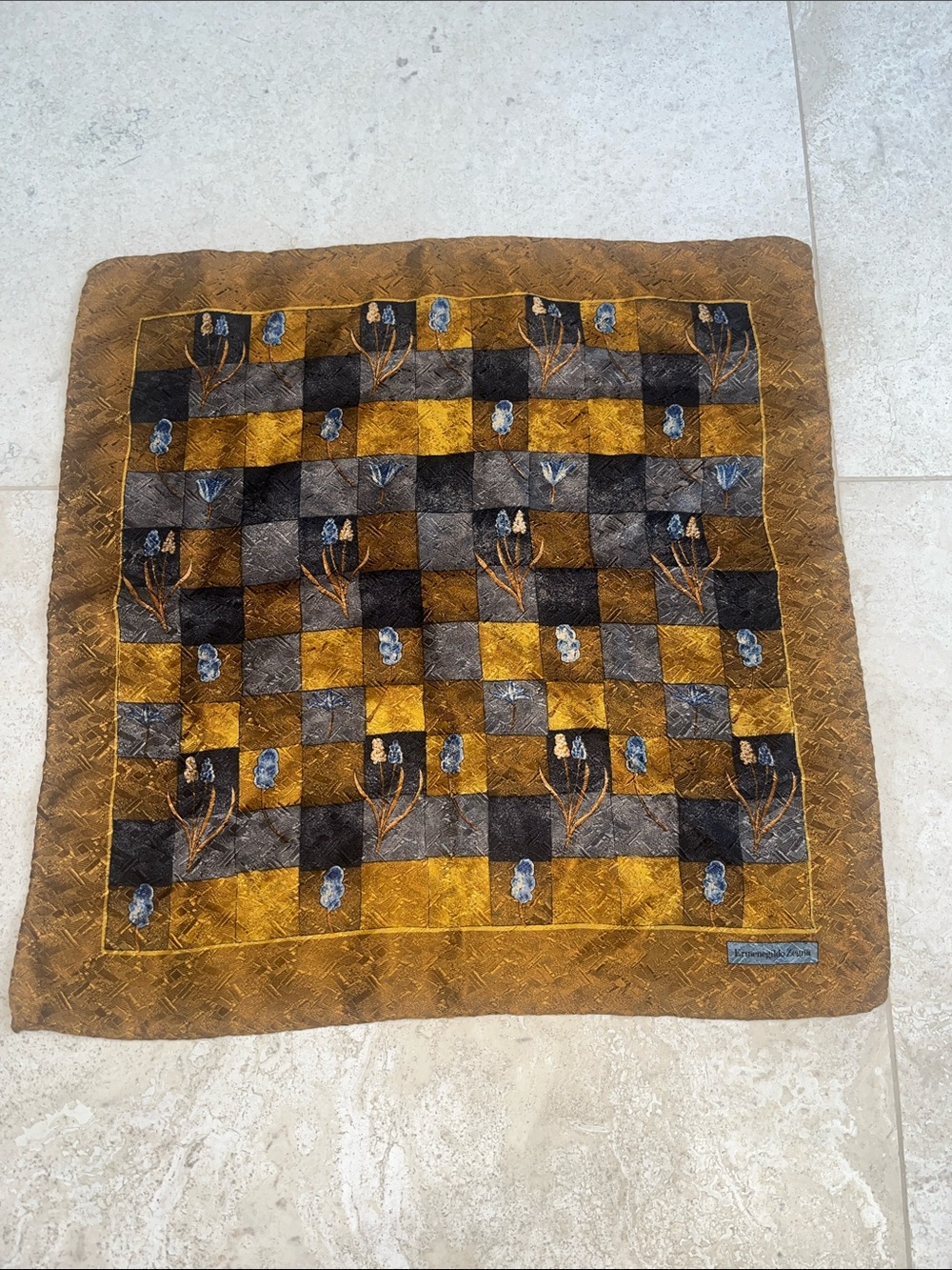 Vintage Ermenegildo Zegna Gold Brown and Charcoal Checkered Silk Pocket Square